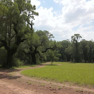 The primary subject of the image is a large tree with a dirt road passing by it. The setting is a grassy field with a forest in the background. The visual style is a photo, capturing the natural environment. The colors and mood of the image are predominantly green, with a serene and peaceful atmosphere.
